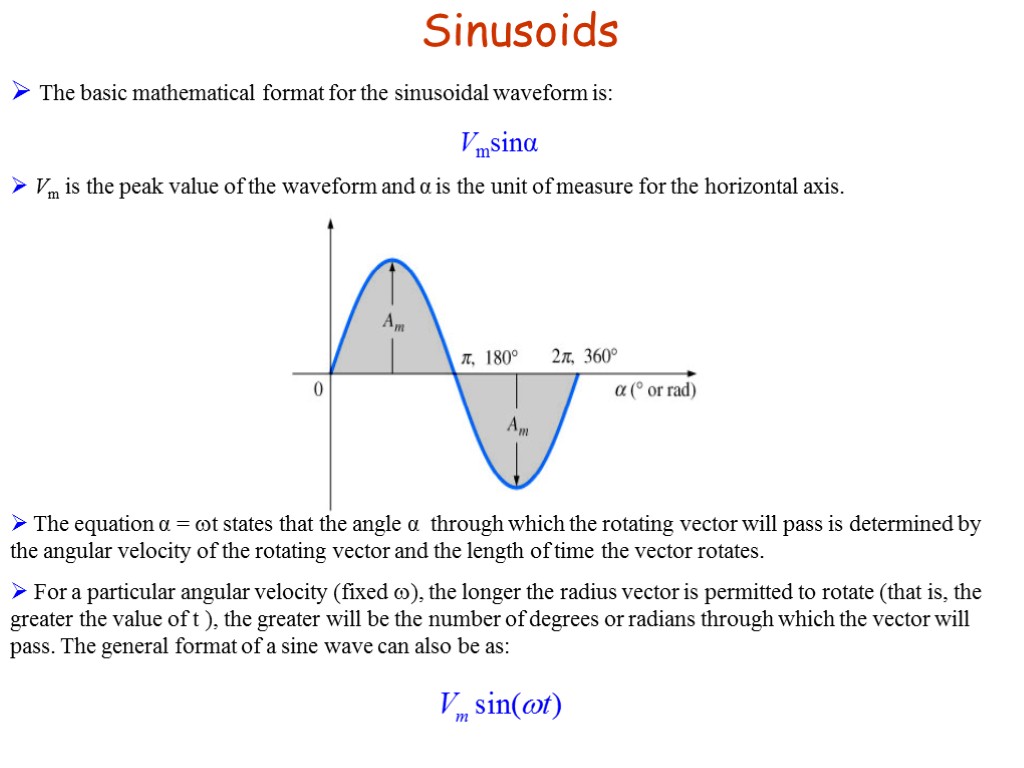Sinusoids The basic mathematical format for the sinusoidal waveform is: Vmsinα Vm is the